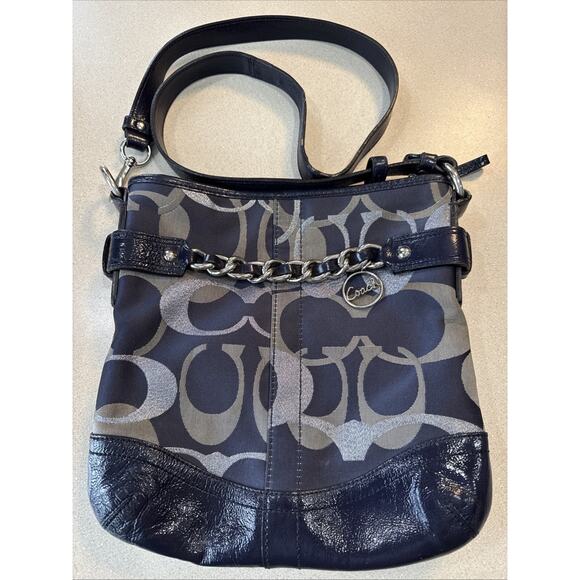 Coach F19820 Moto Op Art Navy Metallic Duffle Crossbody Purse Coach Charm - Picture 1 of 4
